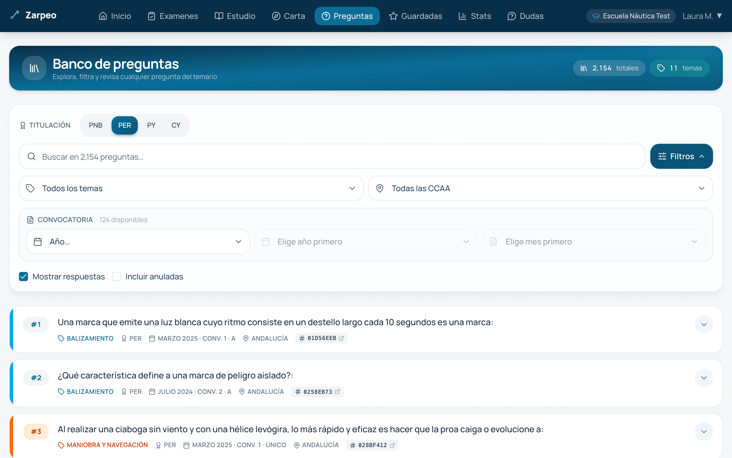 Banco de preguntas del PER con los filtros abiertos y la casilla Mostrar respuestas activada