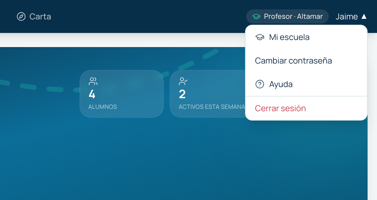 Menú de usuario desplegado con las opciones Mi escuela, Cambiar contraseña, Ayuda y Cerrar sesión